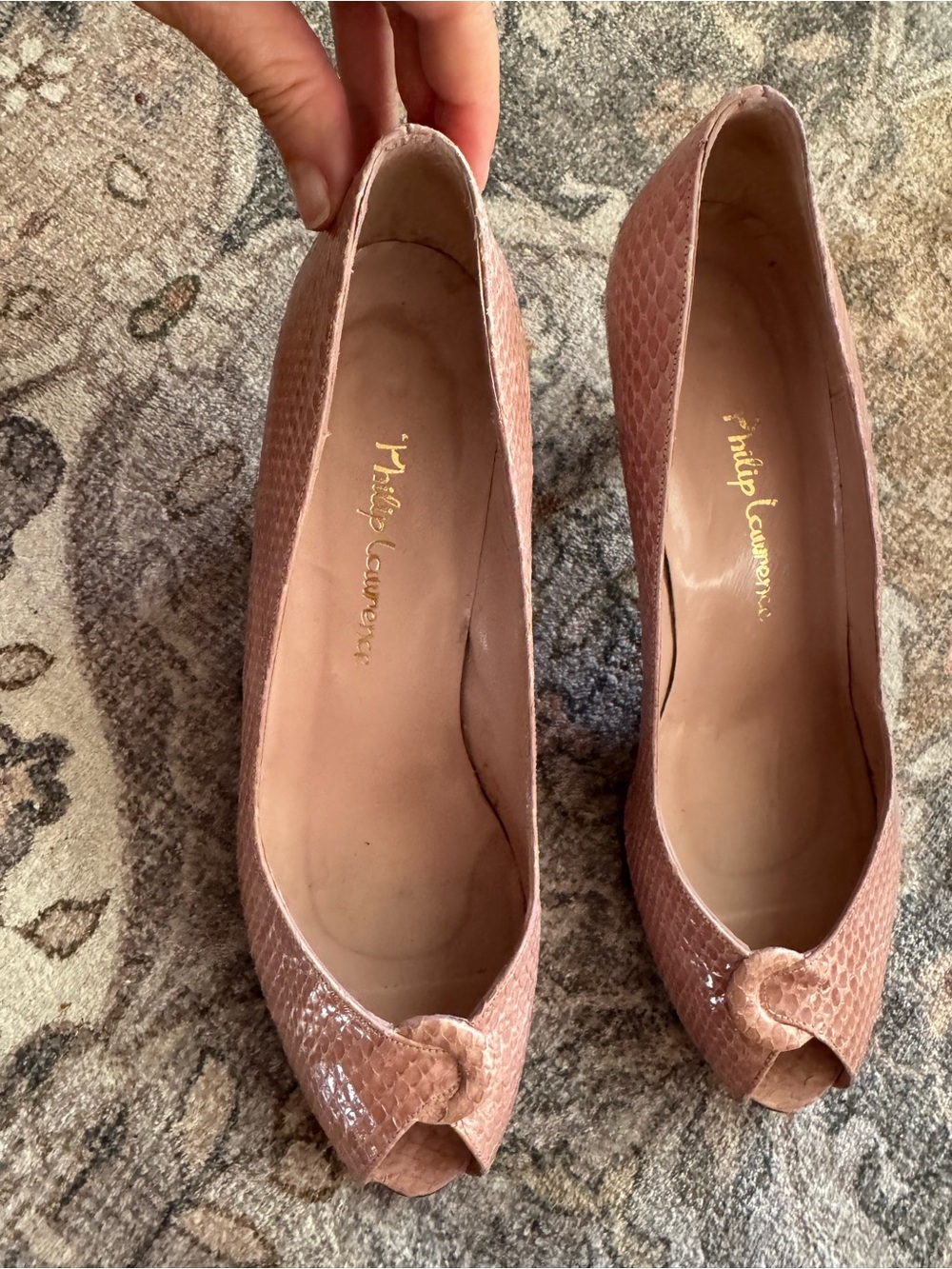 Vintage Style Renee Blush Pink Snake Skin Peep Toe leather heels gold accents